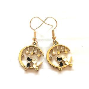Kitty Cat Love Crescent Moon Rhinestone Earrings